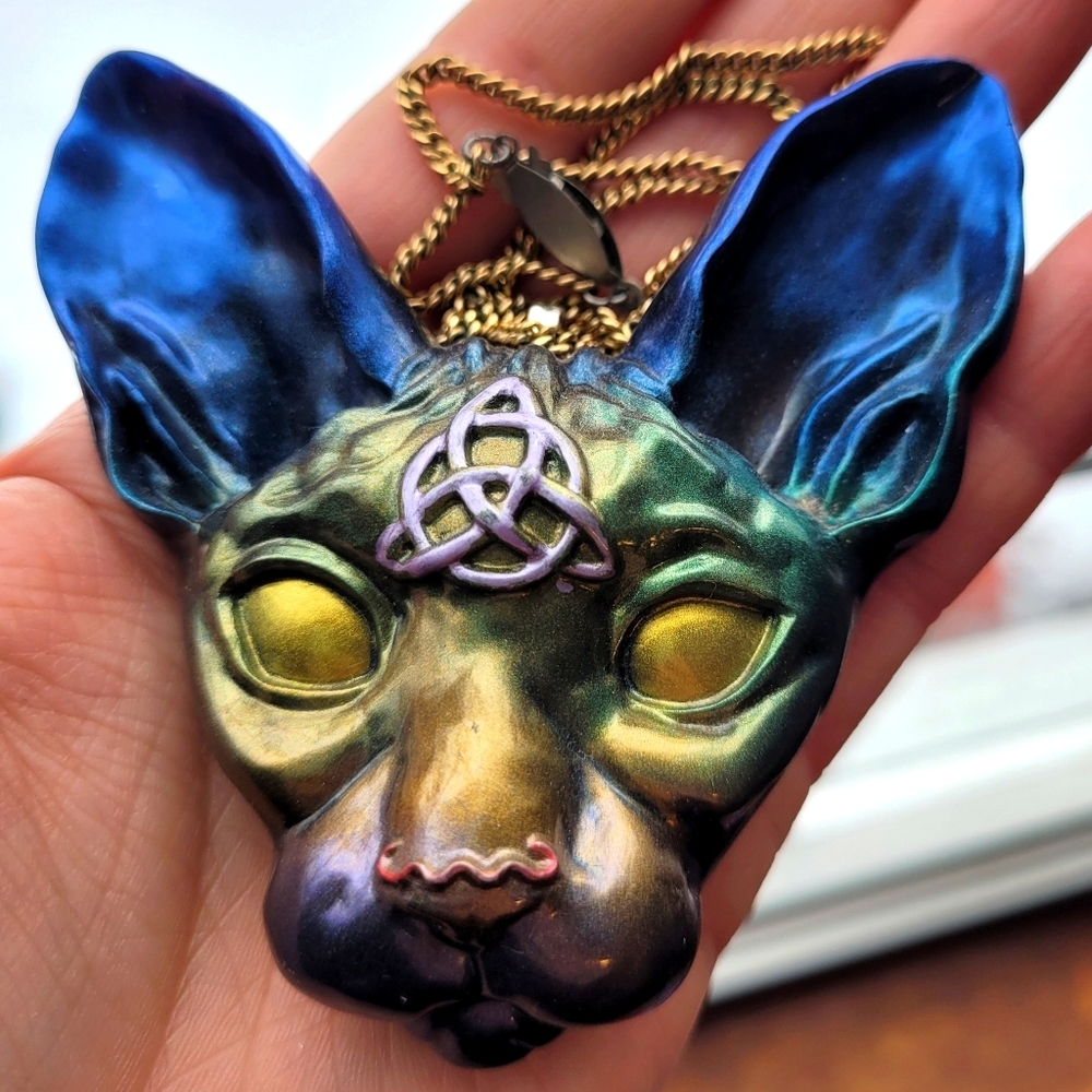 Shiny Rainbow Sphynx Cat Head Pendant Necklace